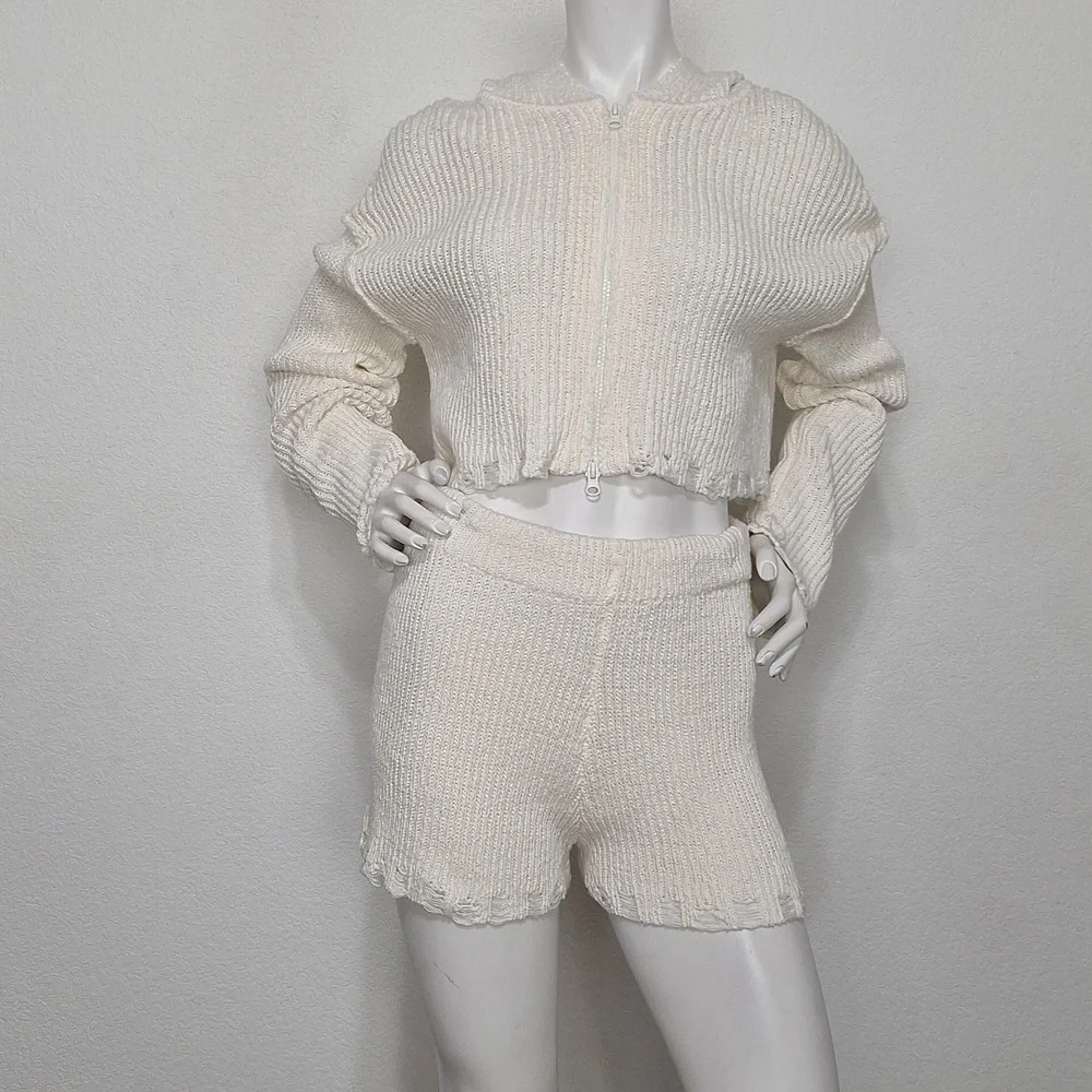 Moon & Madison "NEW" Cream Bohemian Crochet Shorts & Baggy Hoodie Sweater Set *L